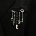 Punk style silver brooch with chain, horseshoe, cross, and turquoise charms on a black suit - Retro Horseshoe Western Style (Antique Silver DZ-021)