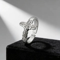 Vintage silver stainless steel open ring featuring a 3D crucifix and Jesus relief - Crucifix Relief Style (11921) / Steel