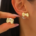 French vintage bow earrings with champagne pearl and zircon in elegant gold finish - Square Zirconia Bowknot Back-Hanging Artificial Pearl Style (5615)
