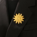 Elegant gold celestial sun brooch with vintage face engraving on black suit lapel - Vintage Sun Face Style (6251)