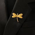 Vintage golden dragonfly brooch with hammered wings on black blazer lapel accessory - Hammered Dragonfly Style (6252)
