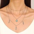 Detail of bohemian layered necklace with turquoise stone and feather leaf pendants - Antique Silver Triple Layer Feather Style (古银7159)