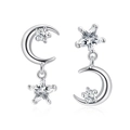 Asymmetric silver moon and star earrings with sparkling cubic zirconia stones - Asymmetric Star Moon Silver (4541)