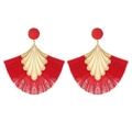 Bohemian large red fringe tassel earrings with gold fan-shaped hardware for women - Red (3323)