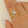 Chic 18K gold stainless steel ring with openwork oval design and marquise zircon gem - Marquise Stone Triple-linked Gold Style (9173)