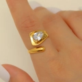 Gold stainless steel adjustable ring featuring a pear cut zircon stone for women - Pear Shape Zircon Streamline Open Gold Style (12106)