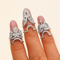 Three-piece silver fingertip ring set with cubic zirconia and flower crown motifs - Silver Multi-Style Combination 1 / Silver