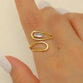 Golden irregular bypass ring featuring teardrop loops and a clear rectangular zircon - Rectangular Zircon Double Line Gold Style (10392)