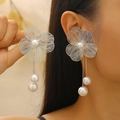 Elegant floral stud earrings with pearls and long tassel fringe in silver finish - Pearl Earrings (WG-0259)