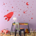 Adesivi murali spaziali in acrilico rosso con razzo e stelle per camera dei bambini - Rosso