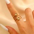 Three-layer gold-plated spiral ring featuring two clear zircon-centered floral accents - Triple Spiral Double Flower Zircon Style (9014)