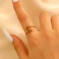 Adjustable golden double rose ring with textured petals on a stainless steel band - Dual Micro-carved Rose Open Gold Style (1545)