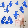 Pegatinas de pared de espejo acrílico azul con siluetas de brujas para decoración Halloween - Azul