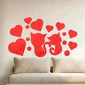 Adesivi murali a specchio 3D in acrilico rosso con sagome di gatti e cuori decorativi - Gatto Cuore (XN201) / Rosso
