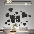 Black acrylic cat and heart mirror wall stickers set for modern living room decor - Heart Cat (XN201) / Black