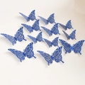 Lot de 12 stickers muraux papillons 3D bleu marine avec motifs ajourés élégants - Style D / Bleu