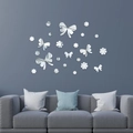 Modern mirror acrylic wall stickers set featuring butterfly and flower patterns for home decor - Silver