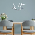 Pegatinas de pared de espejo acrílico de asta con pájaro y flores para decorar el salón - Plateado