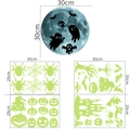 Stickers muraux Halloween luminescents avec lune bleue 30cm et motifs vert néon - Lune Fantôme Araignée Citrouille Château Arbre Hanté (YG215)