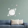 Stickers muraux miroir acrylique planète et étoiles pour chambre d'enfant et salon - Argenté