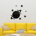 DIY black acrylic planet mirror wall stickers set with stars for modern home decor - Black