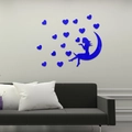 Pegatinas de espejo 3D azul con niña en la luna y corazones en la pared gris - Azul