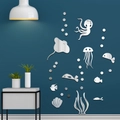 Pegatinas de pared de espejo acrílico plateado tema marino con pulpo y peces para niños - Plateado