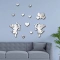 Detalle de pegatinas de pared espejo plateado con Cupido y corazones con efecto brillo - Plateado
