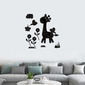 3D mirror acrylic giraffe wall sticker set with birds and flowers in black finish - Black