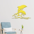 Detailed view of yellow 3D dolphin mirror wall stickers on a minimalist living room wall - Gold