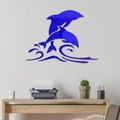 Blue 3D dolphin acrylic mirror wall stickers for home decor on a gray wall - Blue
