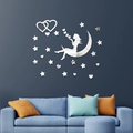Adesivi murali 3D a specchio in acrilico argento con ragazza sulla luna e stelle decorative - Argento