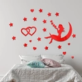 Adesivo murale 3D in acrilico rosso specchio ragazza sulla luna con stelle e cuori - Rosso