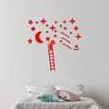 Pegatinas de pared espejo acrílico 3D rojo con niña trepando a estrellas y luna - Rojo (JM584-Rojo)