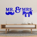 Adhesivo de pared de espejo acrílico azul oscuro con texto Mr & Mrs, bigote y diseño de lazo - Azul