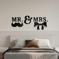 Close-up of black 1mm acrylic Mr. & Mrs. 3D mirror wall stickers with mustache and bow details - Black