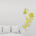 Pegatina de pared 3D de acrílico con rosa amarilla de espejo y mariposa decorativa - Dorado