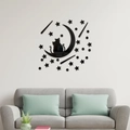 Modern 3D acrylic mirror wall sticker featuring a cat on a crescent moon with stars - Black