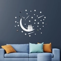 Pegatinas de pared de espejo acrílico de gato y luna en plata para sala de estar - Plateado
