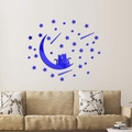 Vista detallada de adhesivos de pared de gato y luna en acrílico azul espejo para salón - Azul