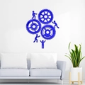 Modern 3D blue mirror wall sticker featuring figures pushing gears above a white sofa - Blue