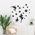 Detailed view of 3D acrylic fairy and deer wall stickers with stars and flowers for decor - Black