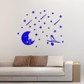 Stickers muraux miroir 3D bleus avec croissant de lune étoiles et oiseau sur branche - Bleu