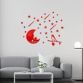 Sticker mural 3D en acrylique miroir rouge avec lune étoiles et oiseau décor - Rouge