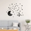 Stickers muraux 3D miroir acrylique avec lune étoiles et oiseau sur branche pour décor - Noir