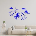 3D blue acrylic wall stickers featuring unicorn, fairy, stars and clouds for home decor - Blue