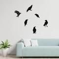 Set of 6 black crow silhouette acrylic mirror wall stickers for living room decor - Black