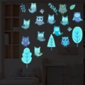Luminous cartoon owl wall stickers with tree and leaves glowing in the dark for kids room - Blue