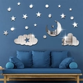 Set de pegatinas de pared de espejo 3D con luna estrellas y nubes para decorar el hogar - Plateado