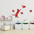 Pegatinas de pared de espejo acrílico rojo con gato atrapando mariposas y flores - Rojo
